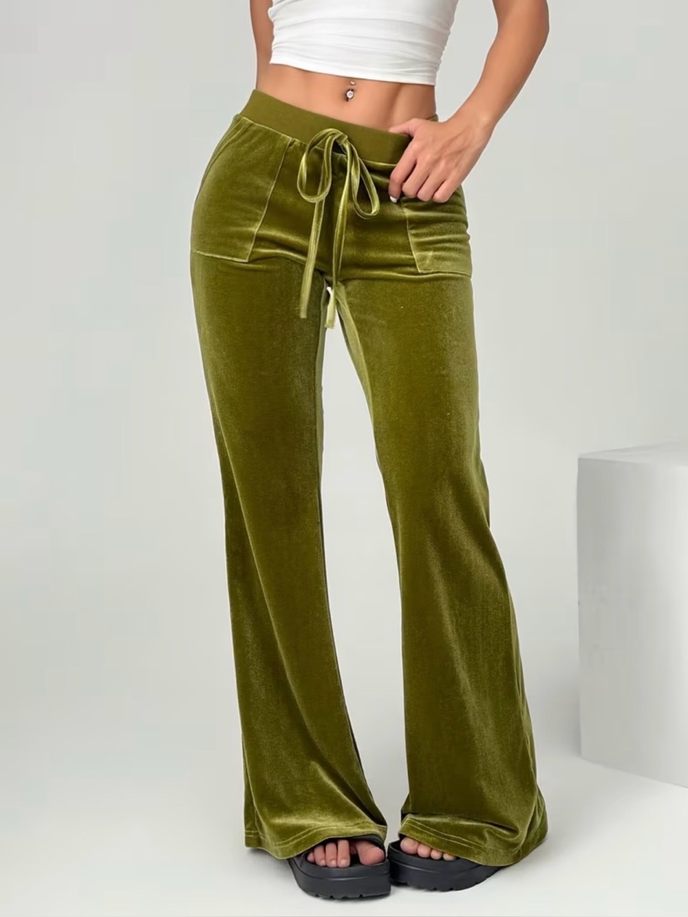 Olive Green Velour Drawstring Wide-Leg Pants New Boutique